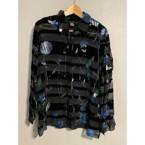 VTG NYPL Collection Top Womens Large Black Floral Velvet Sheer Burnout Fairy Y2K